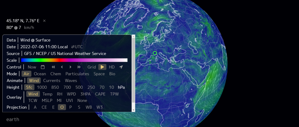 Der Screenshot Earth Nullschool führt zur Webseite https://earth.nullschool.net/