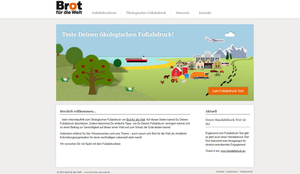 Der Screenshot Fußabdrucktest - Brot für die Welt führt zur Webseite https://www.fussabdruck.de/