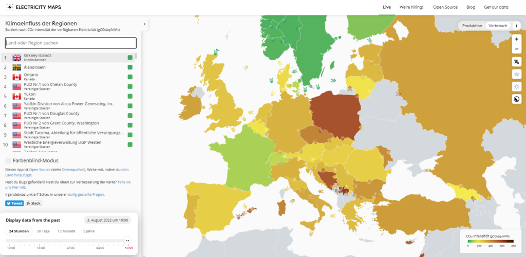 Der Screenshot Electricity Maps führt zur Webseite https://app.electricitymaps.com/map