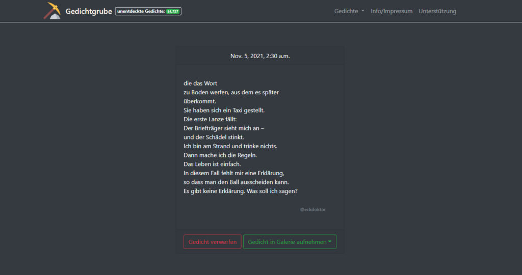Der Screenshot Gedichtgrube führt zur Webseite https://www.falschegefuehle.de/
