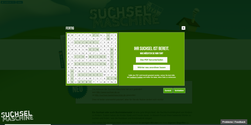 Der Screenshot Suchsel führt zur Webseite suchsel.bastelmaschine.de.