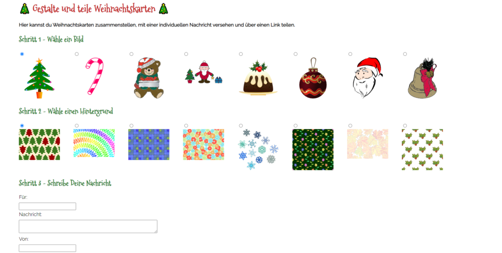 Screenshot vom Weihnachtskarten Generator führt zur Webseite.
