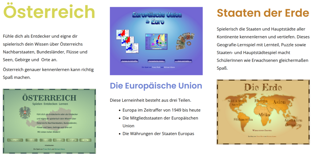 Der Screenshot bildung4alle.at führt zur Webseite https://bildung4alle.at/geografie_oesterreich_erde_welt_eu_lernpspiel/