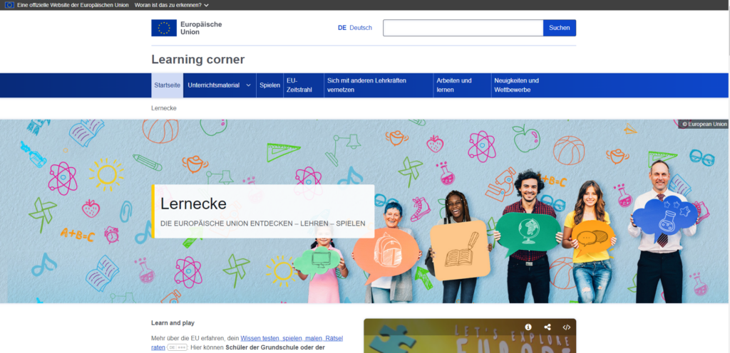 Der Screenshot Lernecke der Europäischen Union führt zur Webseite https://learning-corner.learning.europa.eu/index_de