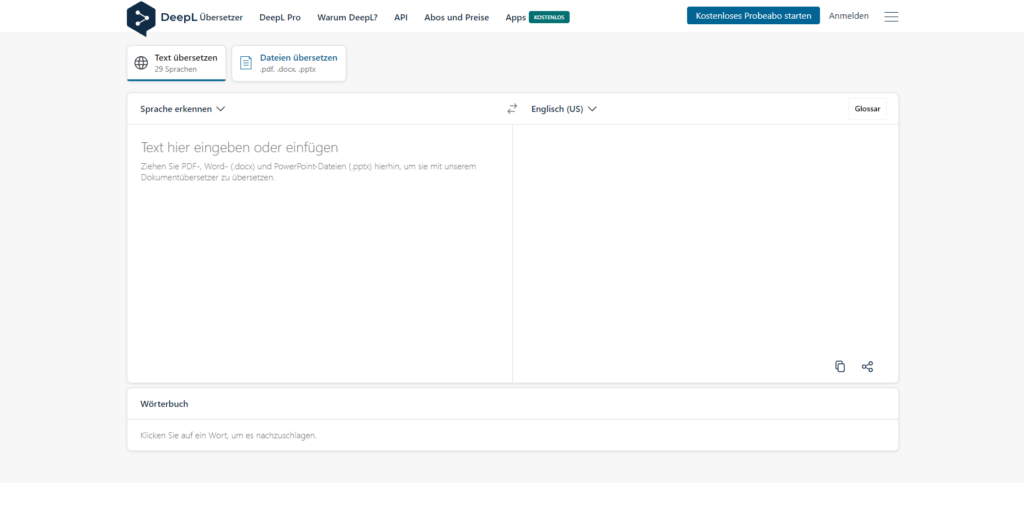 Der Screenshot führt zur Webseite https://www.deepl.com/translator