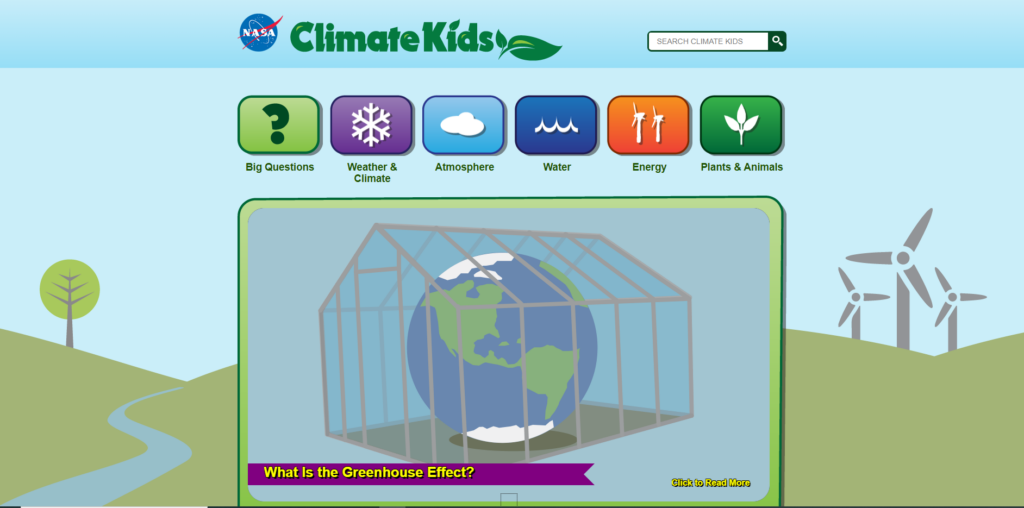Der Screenshot Climate Kids führt zur Webseite https://climatekids.nasa.gov/