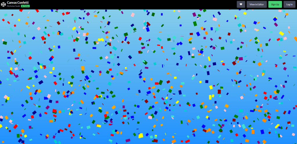 Der Screenshot Canvas Confetti führt zur Webseite https://codepen.io/n33kos/full/gjVQwv