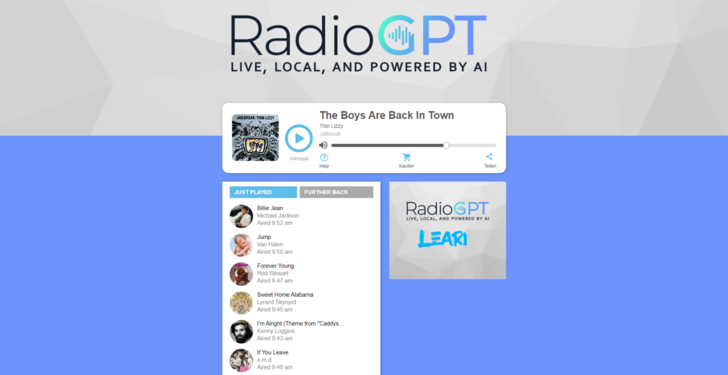 Der Screenshot Radio GPT führt zur Webseite https://listen.streamon.fm/radiogpt