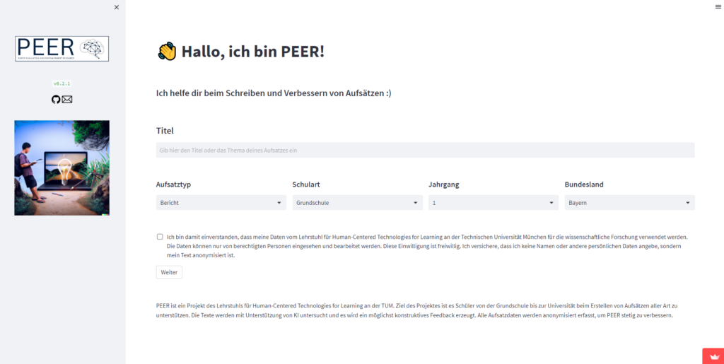 Der Screenshot PEER ai führt zur Webseite https://peer.edu.sot.tum.de/