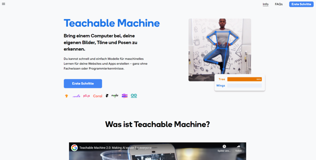 Der Screenshot Teachable Machine führt zur Webseite https://teachablemachine.withgoogle.com/